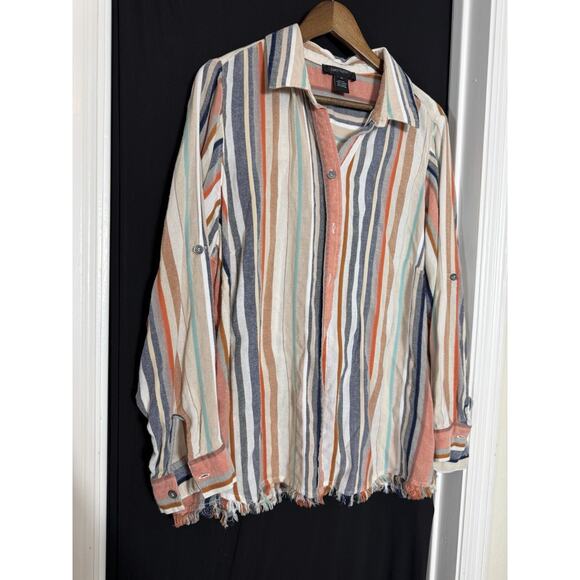 Karen Kane Womens Fringe-Hem Button Up Shirt, Multicolored plus 2x shacket boho - Picture 2 of 6